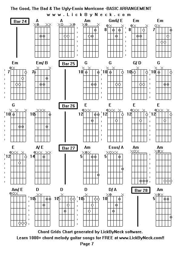 Chord Grids Chart of chord melody fingerstyle guitar song-The Good, The Bad & The Ugly-Ennio Morricone -BASIC ARRANGEMENT,generated by LickByNeck software.